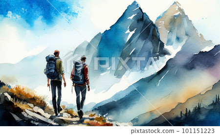 山地徒步情侶水彩插畫AI圖像 101151223