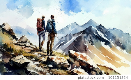 Mountain and trekking couple watercolor illustration AI image 101151224