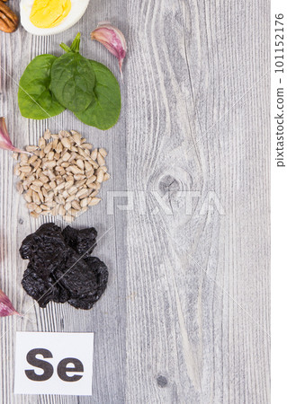 Healthy food containing natural selenium and other vitamins and minerals. Copy space for text 101152176