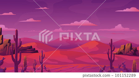 Arizona desert landscape. Sunset dusk. Mountains scenery. Cactus in hot prairie lands. Pink canyon game scene. African Sahara. Sand dunes. Scenic panorama. Vector illustration background Arizona desert landscape. Sunset dusk. Mountains scenery. Cactus in hot prairie lands. Pink canyon game scene. African Sahara. Sand dunes. Scenic panorama. Vector illustration background 101152289