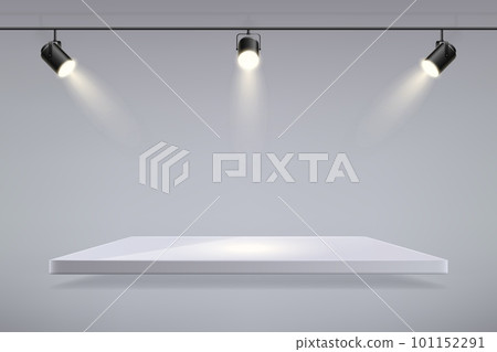 Spotlight lamps, white platform. Empty space for product presentation. Showroom wall with podium, 3d spot lights for highlight place, projector illumination. Vector realistic background Spotlight lamps, white platform. Empty space for product presentation. Showroom wall with podium, 3d spot lights for highlight place, projector illumination. Vector realistic background 101152291