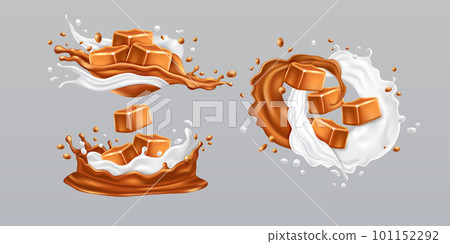 Caramel candy, toffee in milk splash. Yogurt swirl and drips, realistic butter wave twirl, Swirl confectionery melting liquid in motion with cubes, sweet milky food. Vector isolated 3d elements Caramel candy, toffee in milk splash. Yogurt swirl and drips, realistic butter wave twirl, Swirl confectionery melting liquid in motion with cubes, sweet milky food. Vector isolated 3d elements 101152292