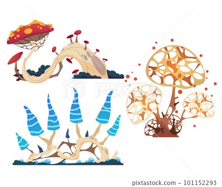 Fantasy mushrooms set. Psychedelic unusual fungus, magical potion ingredient, mystical nature design element, crazy botanical floral forest objects, cartoon flat isolated illustration 101152293