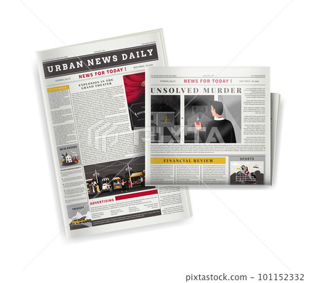 Newspaper headline. Journal news reportage. Daily paper blank page. Tabloid ad articles. Gazette space. Morning communication. Newsletter column with photo. Vector newsprint sheets Newspaper headline. Journal news reportage. Daily paper blank page. Tabloid ad articles. Gazette space. Morning communication. Newsletter column with photo. Vector newsprint sheets 101152332