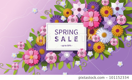 Spring flowers, 3d paper background. Fashion nature papercut, fresh summer chinese flyer, colorful plants. Sale web advertising banner. Decorative origami elements. Vector design background Spring flowers, 3d paper background. Fashion nature papercut, fresh summer chinese flyer, colorful plants. Sale web advertising banner. Decorative origami elements. Vector design background 101152334