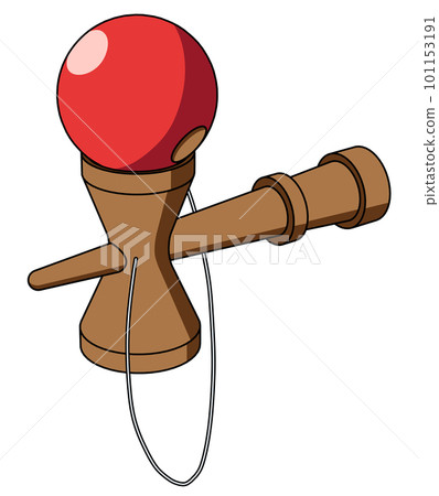 Illustration of a kendama doing a small plate trick seen from an angle 101153191