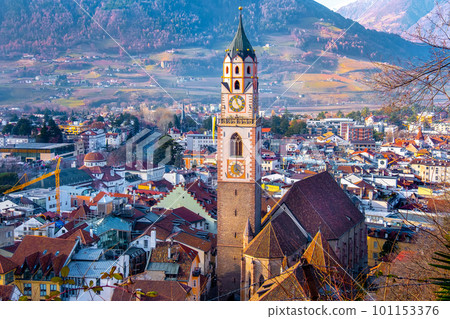 Merano churh of San Nicolo bell tower city centre aerial panoramic view. Merano or Meran is a town 101153376
