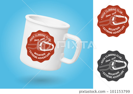 White camping cup. Realistic mug mockup template with sample design. Rock Climbing club badge, patch. Vector. Typography design with knot for quickly tying a climbing rope and carabiner. Extreme 101153799