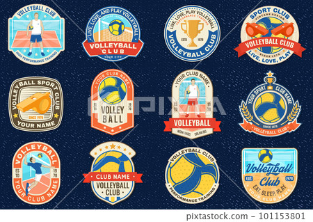 Set of Volleyball club emblem, patch, sticker. Vector illustration. For college league sport club emblem, sign, logo. Vintage label, sticker, patch with volleyball ball, player silhouettes. 101153801
