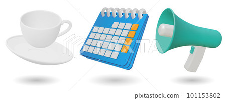 Set of realistic 3d icon tea cup, calendar, megaphone. Vector Illustration. 3d tea cup, calendar, megaphone icon isolated on white background Set of realistic 3d icon tea cup, calendar, megaphone. Vector Illustration. 3d tea cup, calendar, megaphone icon isolated on white background 101153802