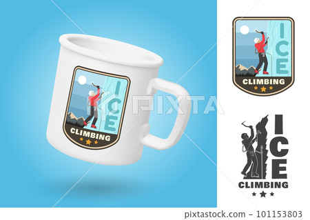White camping cup. Realistic mug mockup template with sample design. Ice Climbing badge. Vector. Concept for shirt or logo, print, stamp or tee. Vintage typography design with climber on the ice 101153803