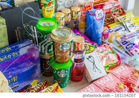 10 June 2018 - Tokyo - Japan. Mix collection of snacks, food, souvenirs, supplements, beverages and vitamins that are popular in Japan for foreign tourists use for background. in Tokyo city Japan 10 June 2018 - Tokyo - Japan. Mix collection of snacks, food, souvenirs, supplements, beverages and vitamins that are popular in Japan for foreign tourists use for background. in Tokyo city Japan 101154207