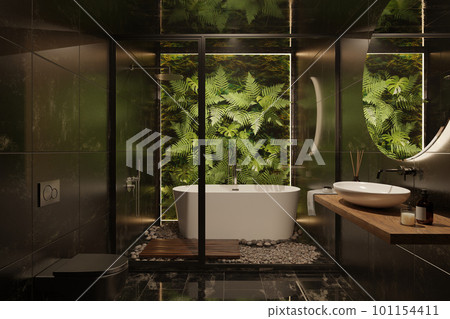 3D rendering of bathroom interior, black toilet, dark design, minimalism, modern classics combined with tropical plants, nature, leaves on the wall, eco style, trend 101154411