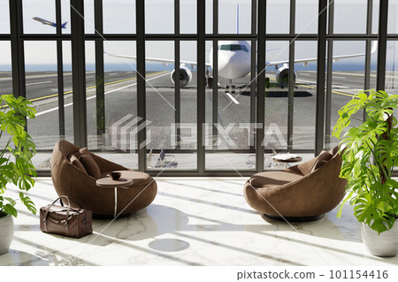 3D interior of airport, airplane in window, flight waiting area, concept of travel lounge area for business class 101154416