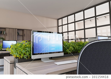 3D office interior, work place, computers, tables and cabinets. 101154418