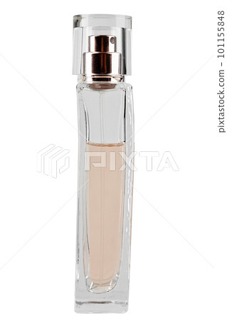 Rectangular bottle with pink perfume. Side view. Isolated on a white background. Rectangular bottle with pink perfume. Side view. Isolated on a white background. 101155848