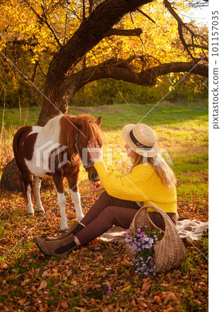 Beautiful woman and pony horse in autumn forest, sunset light, portrait, outdoor recreation, love and friendship Beautiful woman and pony horse in autumn forest, sunset light, portrait, outdoor recreation, love and friendship 101157035
