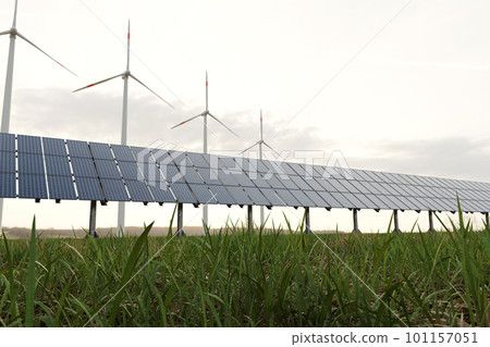 solar panels, windmill, in nature generate electricity from air and sun, renewable alternative energy sources, eco. future, latest technologies 101157051