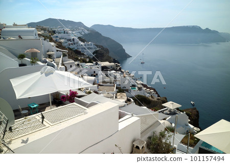 Santorini white buildings and blue sea 101157494