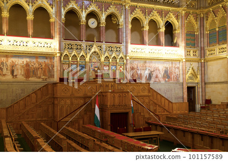 BUDAPEST, HUNGARY - 03 MAR 2019: Interior of the Budapest Parliament building and the meeting room of the Hungarian government with a lot of wood applications 101157589