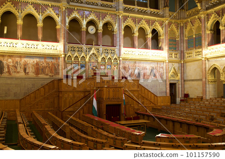 BUDAPEST, HUNGARY - 03 MAR 2019: Interior of the Budapest Parliament building and the meeting room of the Hungarian government with a lot of wood applications 101157590