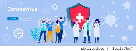Coronavirus landing page with people characters. COVID-19 infection prevention and control web banner. Coronavirus disease vector illustration. Flat concept great for social media promotional material 101157604