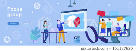 Focus group landing page with people characters. Collective discussion and feedbacks web banner. Market research method vector illustration. Flat concept great for social media promotional materials. 101157620