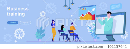 Business training landing page with people characters. Online webinar with business coach banner. Professional workshop vector illustration. Flat concept great for social media promotional materials. Business training landing page with people characters. Online webinar with business coach banner. Professional workshop vector illustration. Flat concept great for social media promotional materials. 101157641