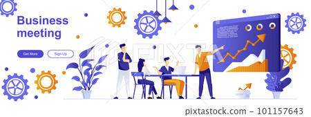 Business meeting landing page with people characters. Business team conference web banner. Collaboration and partnership vector illustration. Flat concept great for social media promotional materials. Business meeting landing page with people characters. Business team conference web banner. Collaboration and partnership vector illustration. Flat concept great for social media promotional materials. 101157643