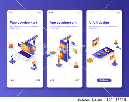 Web development isometric GUI design kit. App development, UI UX website design templates for mobile app. Software programming onboarding screens. Vector illustration with tiny people characters. 101157816