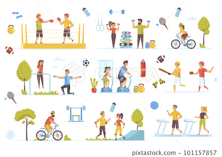 Sports activities bundle of flat scenes. Fitness and outdoor workout isolated set. Boxer, cyclist, runner, treadmill, roller skates, barbell, gym, baseball player elements. Cartoon vector illustration 101157857