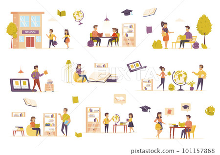 Distance learning bundle of flat scenes. Self education isolated set. student, library, globe, bookshelf, furniture, school building, pupil, laptop elements. Reading books cartoon vector illustration. 101157868