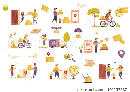 Delivery service bundle of flat scenes. Couriers holding parcels isolated set. Smartphone with app, deliveryman carrying boxes, transport elements. Express delivery at home cartoon vector illustration 101157887