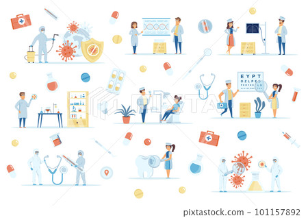Coronavirus pandemic bundle of flat scenes. Virus research, vaccine development isolated set. Doctor and patient, laboratory, clinic elements. Prevention and disinfection cartoon vector illustration. Coronavirus pandemic bundle of flat scenes. Virus research, vaccine development isolated set. Doctor and patient, laboratory, clinic elements. Prevention and disinfection cartoon vector illustration. 101157892