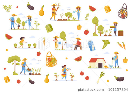 Organic production bundle of flat scenes. Farmers planting trees, gathering harvest isolated set. Fruits, vegetables, farm animals, orchard elements. Agricultural workers cartoon vector illustration. 101157894