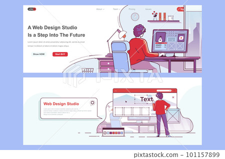 Web design studio landing page set. Creative website design, prototyping and usability. Flat line vector illustration with people characters. Web concept use as header, footer or middle content. 101157899