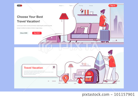 Travel vacation landing page set. Booking of tickets, travel agency corporate website. Flat line vector illustration with people characters. Web concept use as header, footer or middle content. 101157901