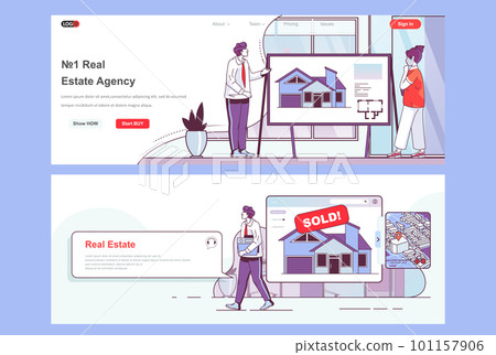 Real estate agency landing page set. Buy, rent and sell home, real estate investment corporate website. Flat line vector illustration with people. Web concept use as header, footer or middle content. Real estate agency landing page set. Buy, rent and sell home, real estate investment corporate website. Flat line vector illustration with people. Web concept use as header, footer or middle content. 101157906