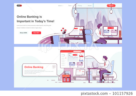 Online banking landing page set. Financial accounting and payment service corporate website. Flat line vector illustration with people characters. Web concept use as header, footer or middle content. 101157926