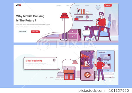Mobile banking landing page set. Money transaction, manage and payment corporate website. Flat line vector illustration with people characters. Web concept use as header, footer or middle content. 101157930