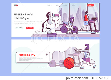 Fitness gym landing page set. Sports club, workout and training space corporate website. Flat line vector illustration with people characters. Web concept use as header, footer or middle content. 101157932