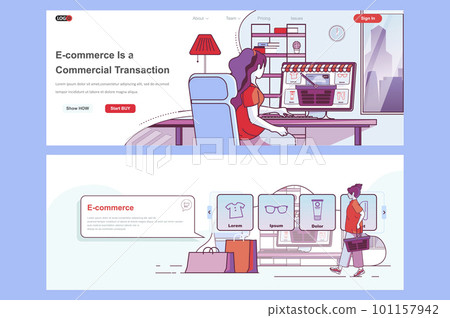 E-commerce landing page set. Online shopping, internet marketplace corporate website. Flat line vector illustration with people characters. Web concept use as header, footer or middle content. E-commerce landing page set. Online shopping, internet marketplace corporate website. Flat line vector illustration with people characters. Web concept use as header, footer or middle content. 101157942