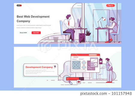 Web development company landing page set. Full stack software engineering corporate website. Flat line vector illustration with people characters. Web concept use as header, footer or middle content. 101157948