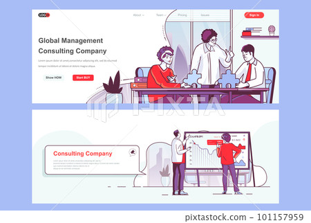 Consulting company landing page set. Business assistance and consultation corporate website. Flat line vector illustration with people characters. Web concept use as header, footer or middle content. 101157959