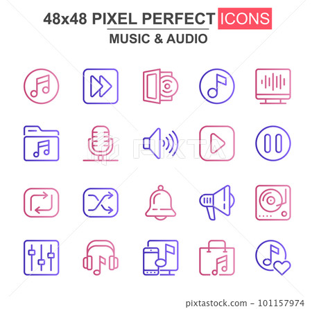 Music and audio thin line icon set. Player, mixer, equalizer, headphone, loudspeaker, record, microphone unique icons. Outline vector bundle for UI UX design. 48x48 pixel perfect linear pictogram pack Music and audio thin line icon set. Player, mixer, equalizer, headphone, loudspeaker, record, microphone unique icons. Outline vector bundle for UI UX design. 48x48 pixel perfect linear pictogram pack 101157974
