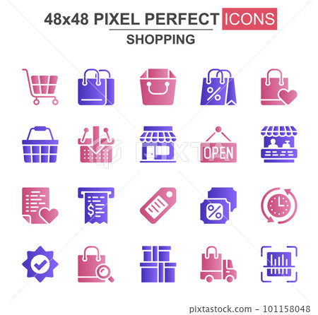 Shopping glyph icon set. Supermarket basket, trolley, open sign, store, discount label, bill, bags, delivery unique icons. Flat vector bundle for UI UX design. 48x48 pixel perfect GUI pictograms pack. 101158048