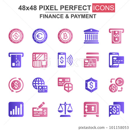 Finance and payment glyph icon set. Bank, currency, deposit, credit card, security, exchange, mobile wallet unique icons. Flat vector bundle for UI UX design. 48x48 pixel perfect GUI pictograms pack. 101158053