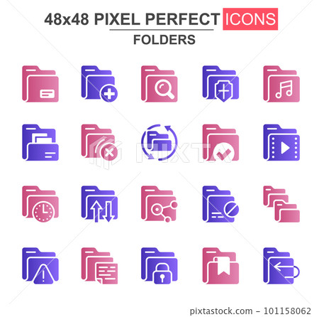 Folders glyph icon set. Add, delete, archive, media sources, security, search, lock, transfer, uploading unique icons. Flat vector bundle for UI UX design. 48x48 pixel perfect GUI pictograms pack. 101158062
