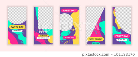 Party event editable templates set for Instagram stories. Party tonight, fun and celebration layouts. Colorful design for social networks. Insta story mockup with free copy space vector illustration. 101158170