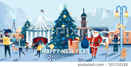 Merry Christmas and Happy New Year flat greeting card. Merry Christmas and Happy New Year flat greeting card. 101158188